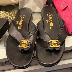Chanel Turnlock Black and Gold Women's Sandals